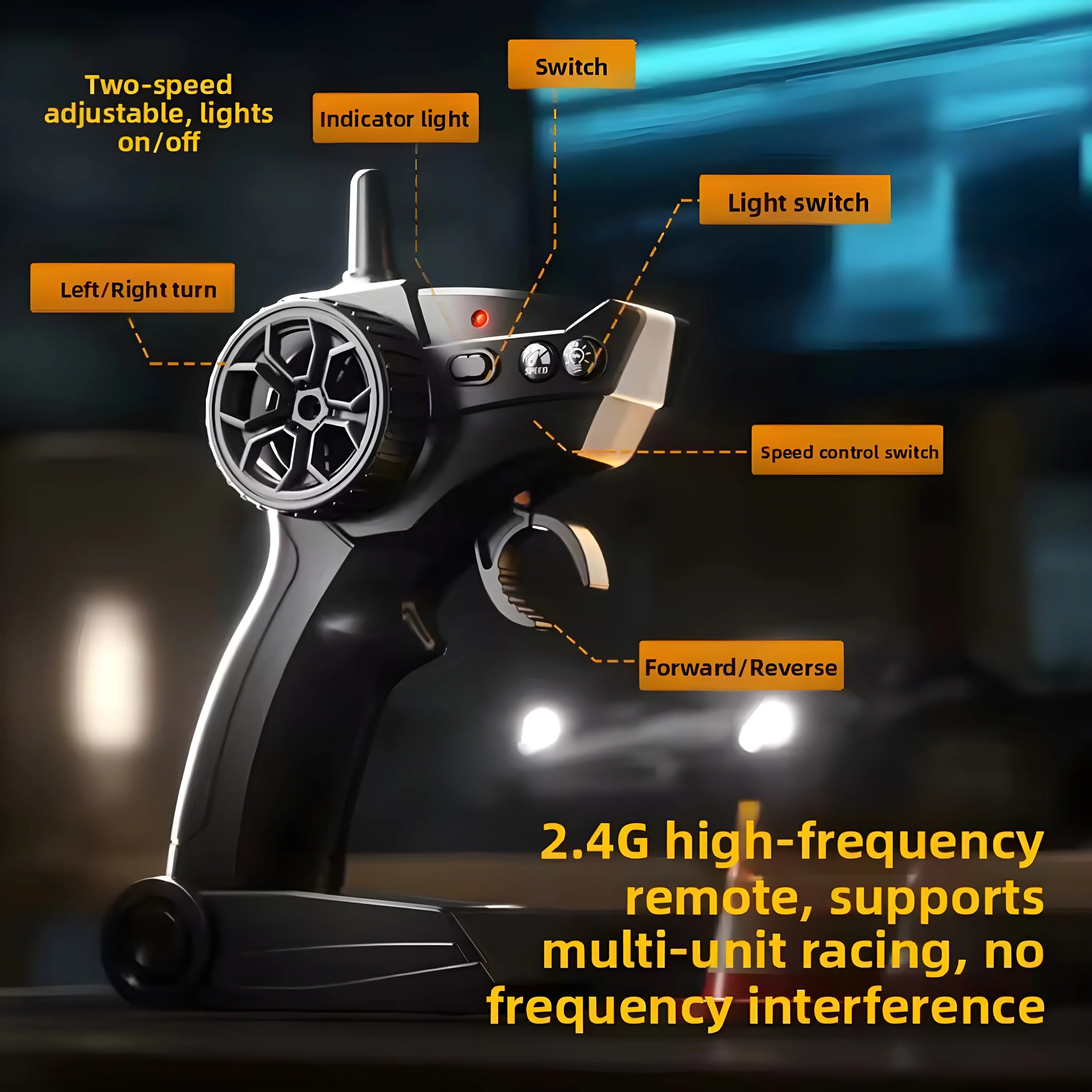 Diagram of the 2.4G high-frequency remote controller. Labels indicate features like "Two-speed adjustable", "Light switch", and "Speed control switch". Text at the bottom highlights support for multi-unit racing with no frequency interference.