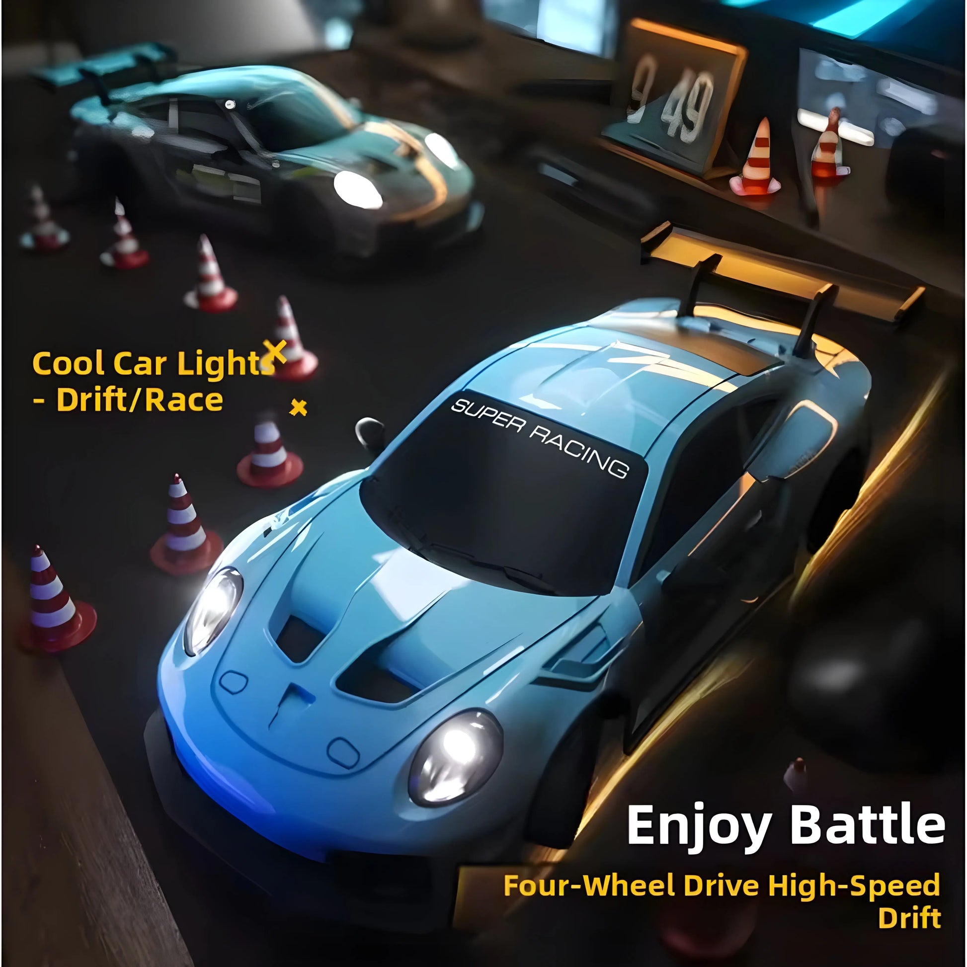 Two high-speed RC drift cars in a racing battle scene with traffic cones. Foreground car features bright LED headlights for night driving. Image text highlights 4WD performance and cool car lights.