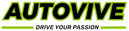 Neon green and black brand logo showing the name "AUTOVIVE" with the tagline "DRIVE YOUR PASSION" underneath on a transparent background.