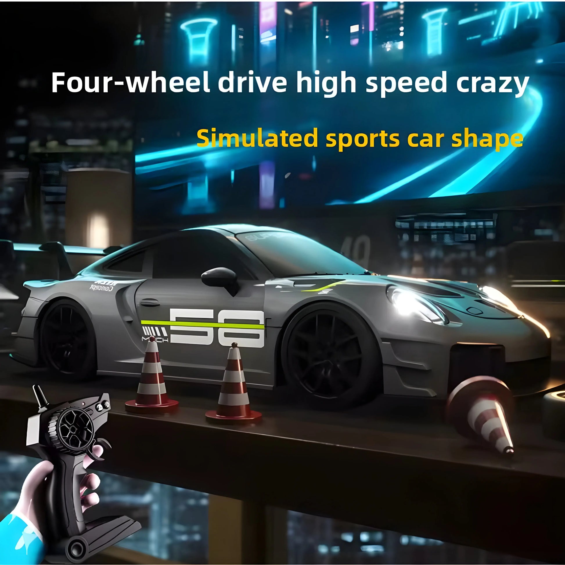 Grey 4WD RC drift car featuring a simulated sports car shape and bright LED headlights. High-speed remote control toy displayed against a cyberpunk neon city background with traffic cones.