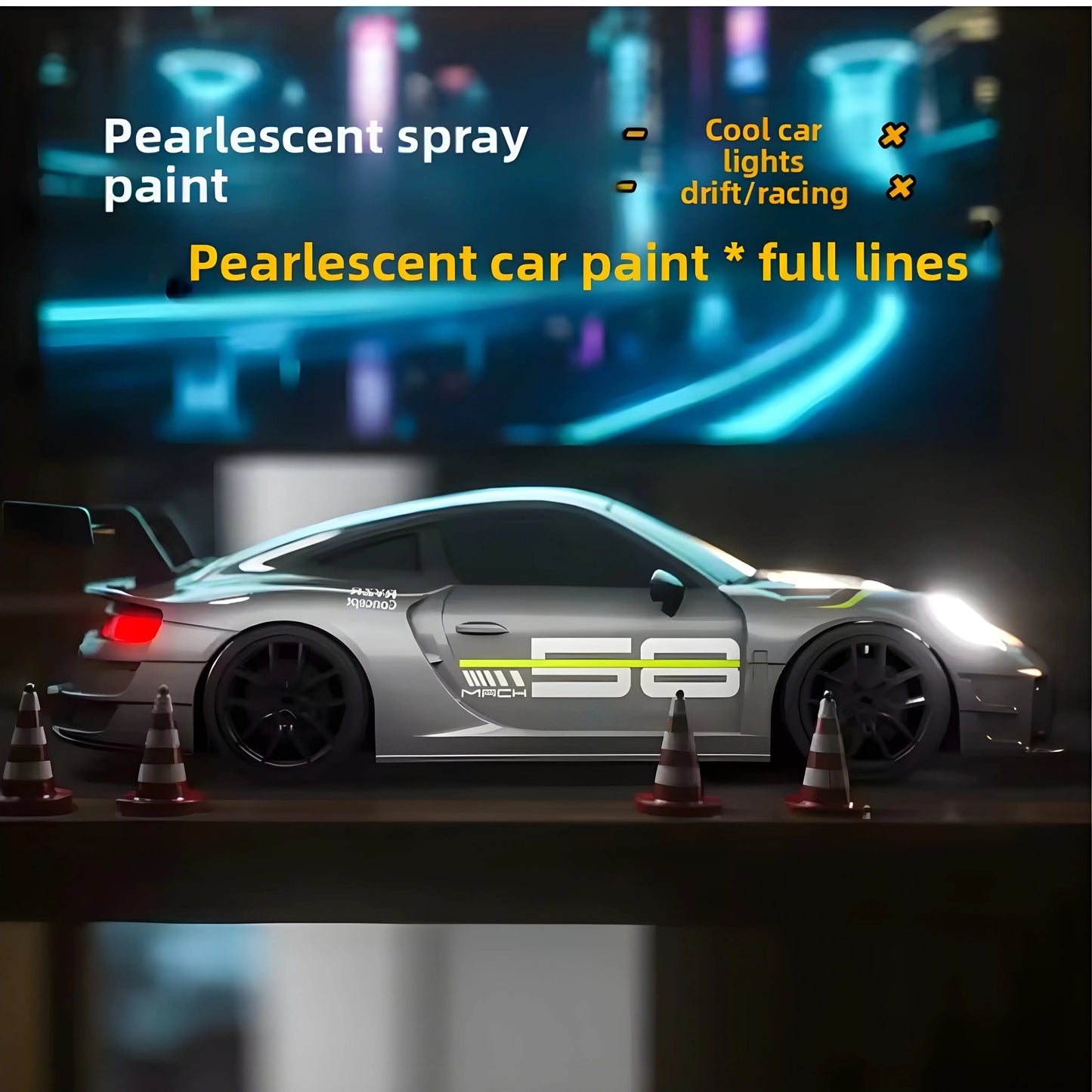Side view of silver RC drift car featuring a premium pearlescent spray paint finish. The sleek body lines reflect the neon background lights. Text highlights "Pearlescent car paint" and "Cool car lights".