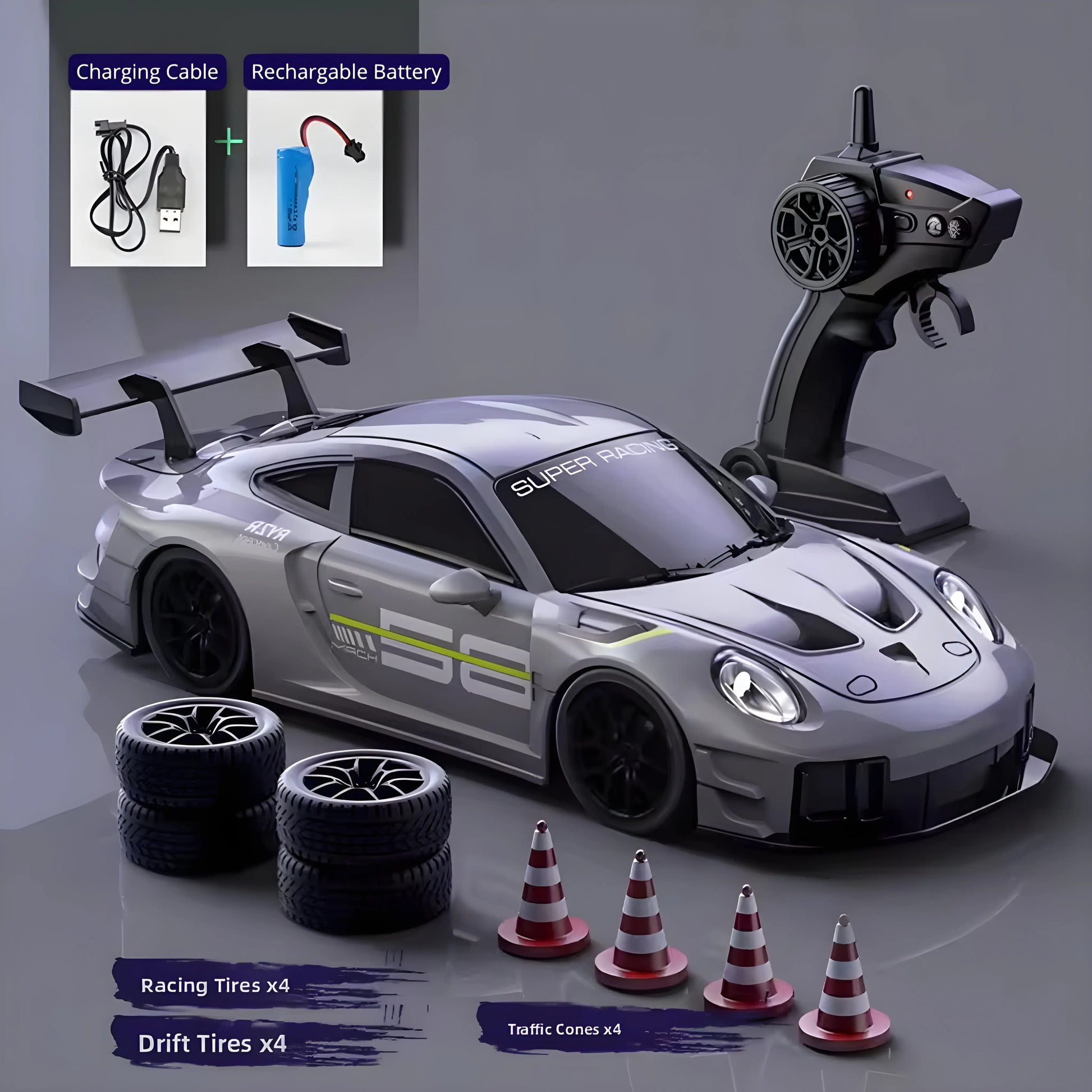 Grey RC drift car set contents display. Includes 1 rechargeable battery, USB charging cable, 4 spare racing tires, 4 drift tires, and traffic cones for course setup. High-value gift package for kids.