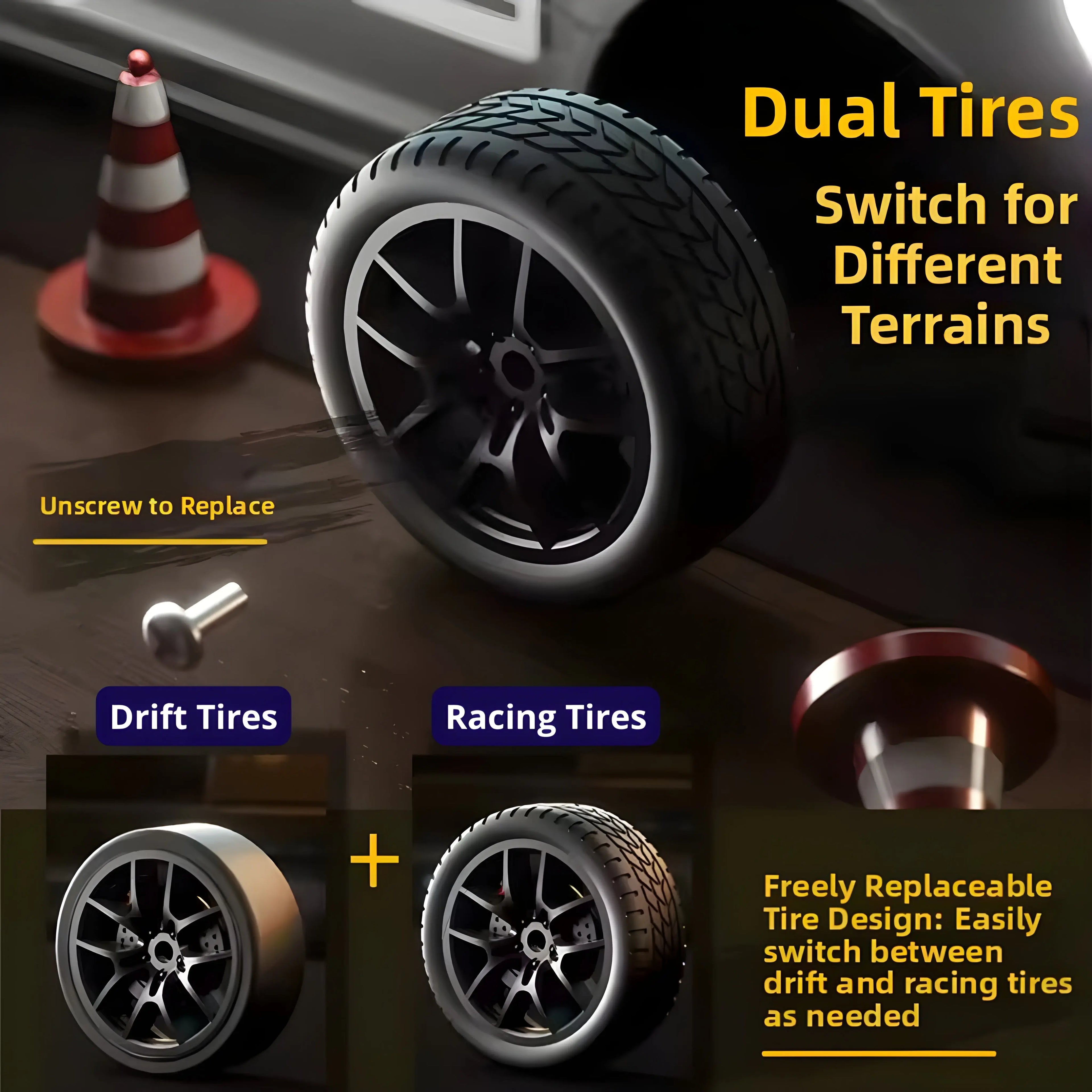 Instructional diagram showing the dual tire system for RC cars. Visuals demonstrate how to unscrew and switch between smooth drift tires and treaded racing tires to adapt to different terrains.