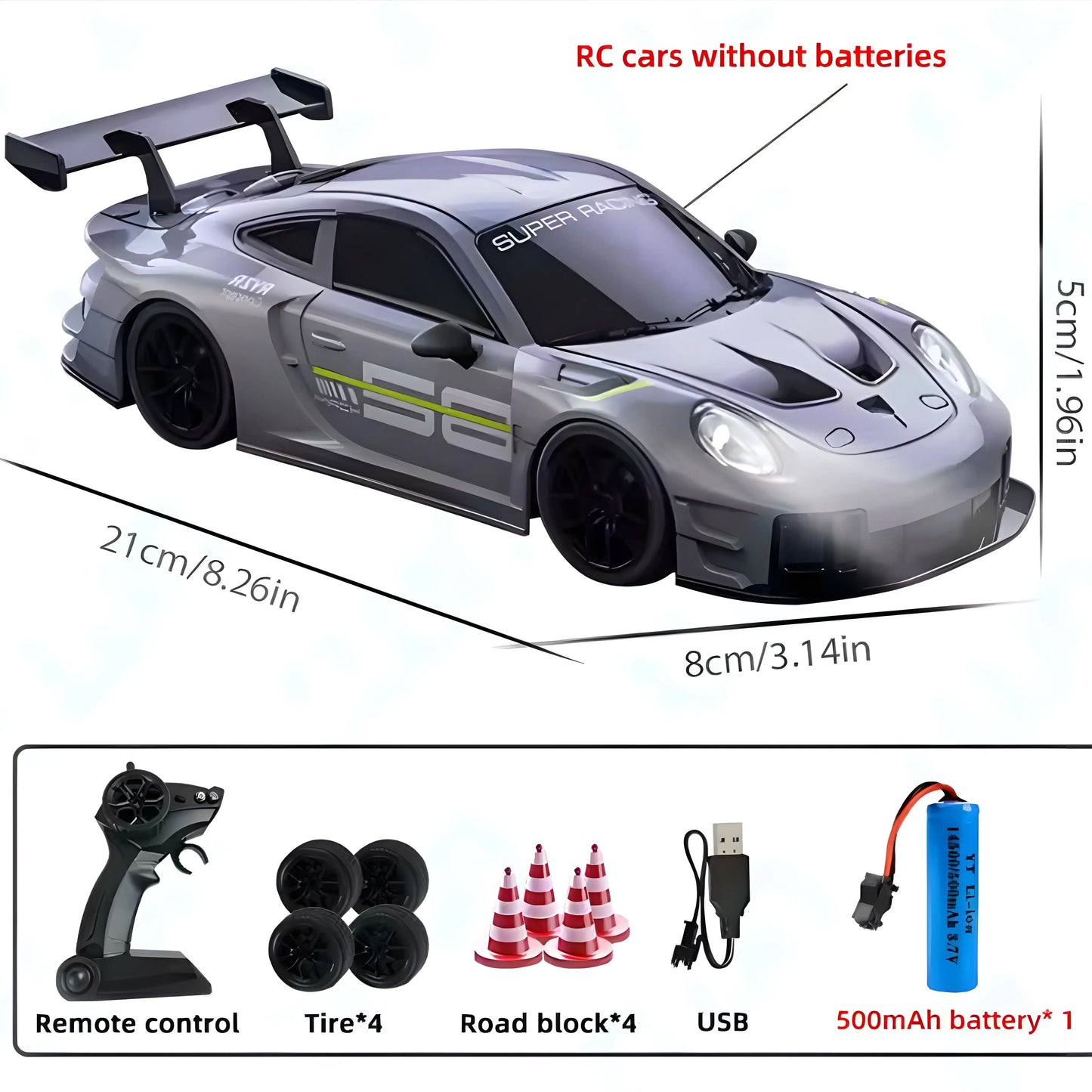 Silver RC drift car toy set showing dimensions 8.26 inch (21cm) length. Includes remote control, 4 spare drift tires, 4 traffic cones, USB charger, and 500mAh rechargeable battery. High speed racing vehicle gift for boys.